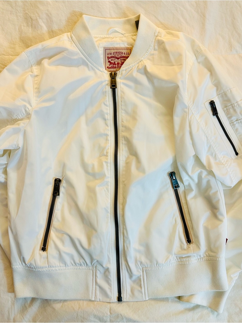 Levi's White Bomber Jacket with Black Zippers